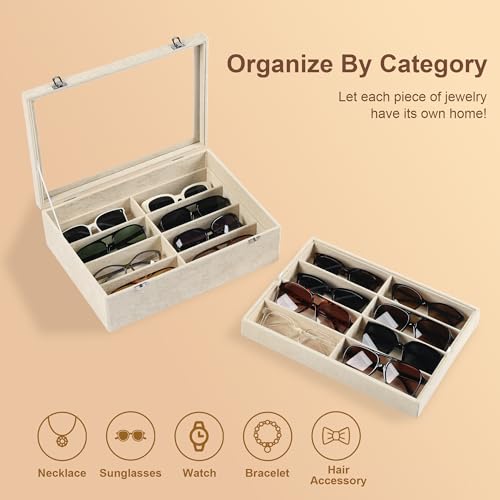 Frebeauty 16 Slots Sunglasses Organizer,2 Layer Velvet Sunglasses Tray with Glass Lid,Multiple Pairs Sunglass Display Case for Man or Woman,13.7 * 10.25 * 4.1 Inches Eyeglass/Eyewear Box (Beige) by Frebeauty - Image 5