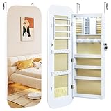 GOPLUS Armario para Joyas, Armario de Almacenamiento con Espejo sin Marco y Luces LED, Organizador de Joyas para Montar en la Pared/Puerta con Estantes, Armario con Espejo, Cerradura para Maquillaje