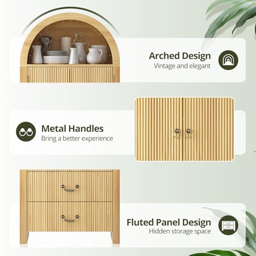 Image of FURSUN 71 inch Arched Storage Cabinet with Fluted Doors, Tall Wood Pantry Cabinet with Drawers & Adjustable Shelves, Modern Coffee Bar Cabinet, Natural Oak