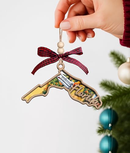 Moonlit93 Florida State Christmas Wooden Ornament - 2-Layer Laser-Cut Wooden Keepsake - Rustic Holiday Decor & Ideal Travel Gift for Women Men Family & Friends - Florida Locals Gift