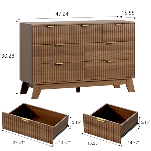 Image of Wodeer 7 Drawer Fluted Dresser for Bedroom, Mid Century Modern Wooden Dresser with 7 Drawers, Dressers & Chests of Drawers with Metal Handle, TV Stand & Storage Organizer for Entryway, Hallway, Walnut