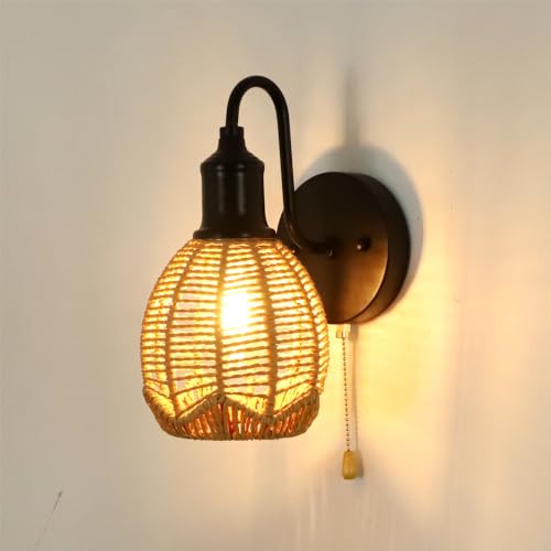Image of Modern wall sconce,Pull Chain Wall Light,Hardwired wall Sconce with Switch,Pull Chain Sconce,Pull Chain Wall Light Fixture,Pll Chain Light Fixture,Wall Sconce with Switch (Black+Rattan shade)
