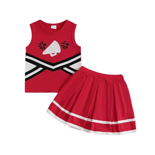 CREAIRY Toddler Baby Girl Cheerleader Outfit Shirt Tops Skirt Set Cheer Uniform Outfit Halloween Cheerleading Clothes (Red Black, 6-12 Months)