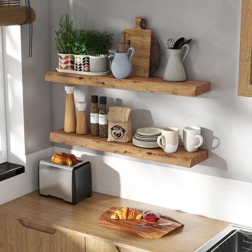 Image of Fun Memories 36 inch Wall Mounted Floating Shelves, Natural Elm Wood, 2 Pack