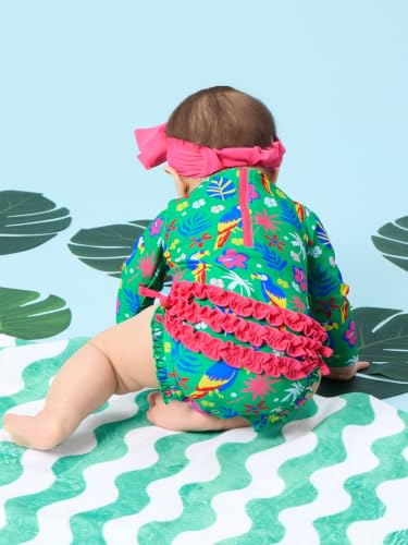 Image of RuffleButts Baby Girls UPF 50+ Sun Protection Floral Printed Long Sleeve One Piece Rash Guard Swimsuit with Zipper