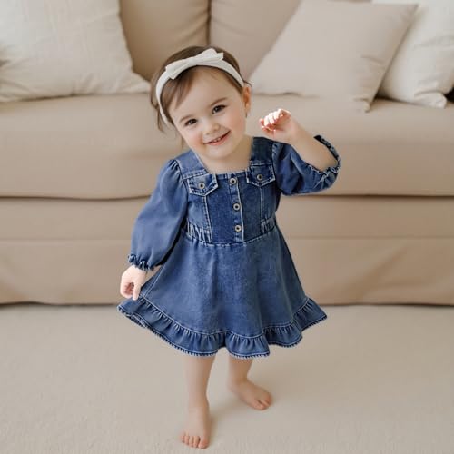 MAINESAKA Toddler Girl Denim Dress Baby Sundress Sleeveless Ruffle Blue Jean Dresses Strape Pleated Layered Cake Summer Dress3