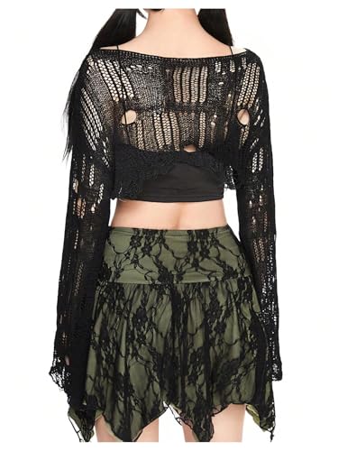 Verdusa Women's Crochet Crop Top Lightweight Sweaters Shrugs Flare Long Sleeve Pullover Knit Tops Goth Clothes2