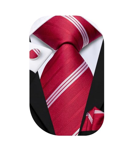 Dubulle Red and White Ties Striped Set for Men Paisley Floral Silk Mens Necktie and Handkerchief Cufflinks Wedding