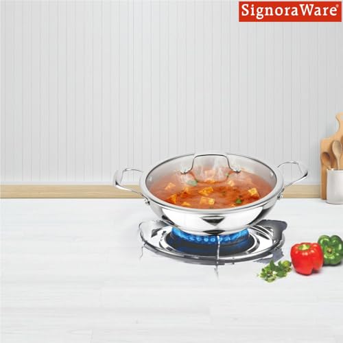 Image of Signoraware Artista Tri Ply Stainless Steel Shallow Kadhai 22cm with Glass Lid | Induction & Gas Compatible | Durable | Ideal for Stir Frying & Sauteing | Best for Curry & Gravies (2.1 LTR | Steel)