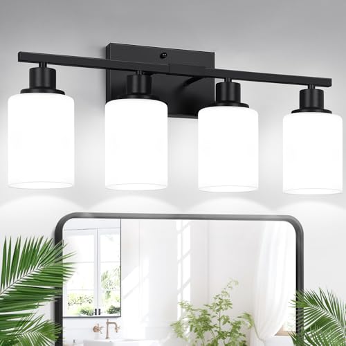 Image of Indoi 4-Light Bathroom Light Fixtures, Matte Black Modern Vanity Lights with Milky White Shades, Bathroom Wall Lamp for Mirror Living Room Cabinet Bedroom Porch