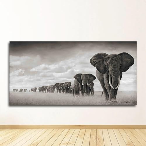 Peinture sur toile éléphants d'Afrique 50x100 cm encadrée