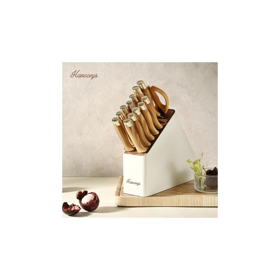 Knife Block Set, Kitchen Knife Set with Sharpener, German Stainless Steel Gold Knives Set with Block and Ergonomic Wood Grain Handle, Ultra Sharp Cooking Knives