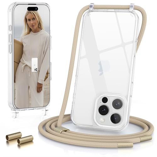 GOODVISH Handykette für iPhone 16 Pro Hülle mit Band (6.3") | Kameraschutz und Bildschirmschutz | | Necklace Handyhülle mit Schnur Schutzhülle für zum Umhängen | Transparent Case mit Kordel, Helbraun 1