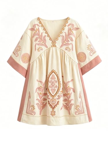 Image of Joiemont Womens Oversized Embroidered Dress with V-Neck and 3 /4 Sleeves Vintage Embroidery Babydoll Dress