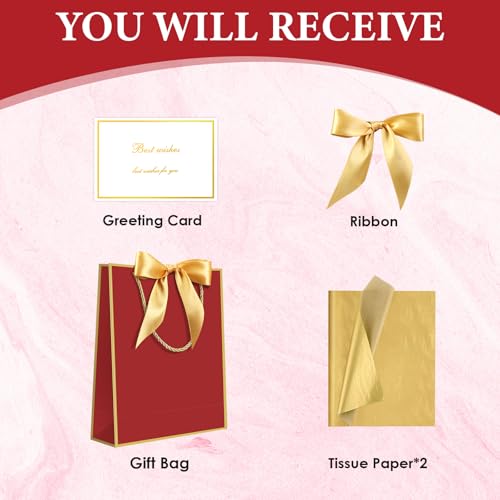 Image of JMANNI 1PCS Gift Bag with Ribbon and 1 Greeting Card 2 Tissue Papers, Portable Paper Gift Bag with Handles, Birthday Present Bags for Wedding Party,Mother's Day 12.6 inch x 9.8 inch x 3.9 inch(red gold)
