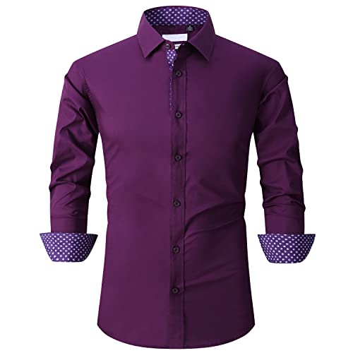 SAMERM Mens Dress Shirt Regular Fit Long Sleeve Button Down Shirts for Men,Solid2-Purple,M