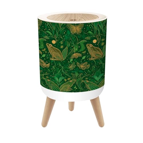 Papelera con tapa diseño ranas y mariposas verde dorado pequeña