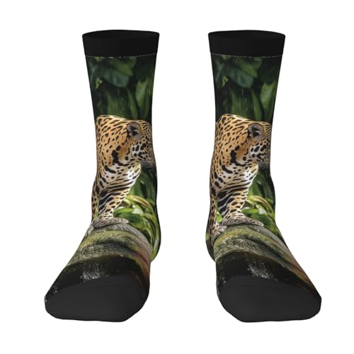 BYPPJGH Novelty Crew Socks Soft Breathable Dress Socks Jaguar Cat On Tree Trunk Waterfall Mid Calf Socks Funny Cute Socks For Women Men Gift
