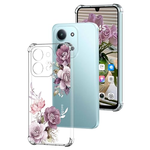 DiaryTown Transparent Hülle für Xiaomi Redmi 15C HandyHülle mit Süß Muster Klar TPU Dünn Silikon Stoßfeste Kratzfest Schutzhülle Durchsichtige Case Cover für Redmi 15C 4G / 5G - Lila Pfingstrose