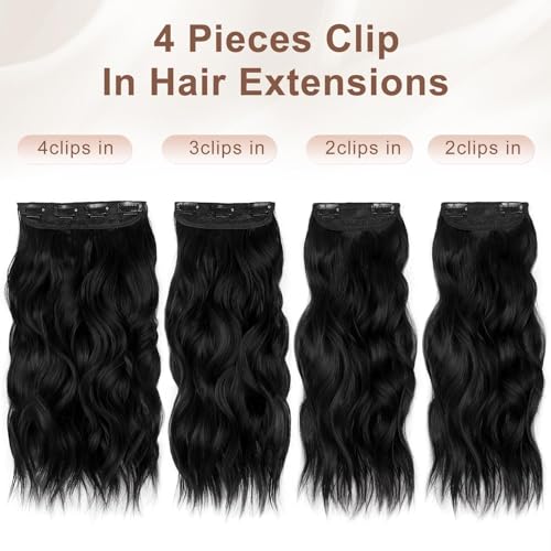 ALXNAN Clip in Long Wavy Synthetic Hair Extension 16 Inch Black 4PCS Thick Hairpieces Fiber Double Weft Hair for Women