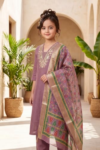 Image of Girls Cotton Blend Embroidered Kurta Pant with Printed Banarasi Style Dupatta Set | Festive Ethnic Wear for Kids | Traditional Suit Set for Girls (4-14Years)