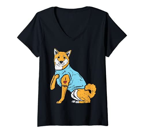 Mujer Shiba Inu I love Mom Cute Japanese Pet Dog Akita Women Gift Camiseta Cuello V