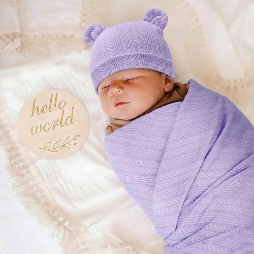 Image of DRESHOW BQUBO Newborn Receiving Blankets for Baby Girl Boy Swaddle with Bear Hat No Scratch Mittens Announcement Card Set for 0-3 Months