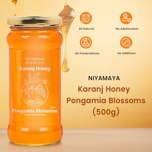 Image of NIYAMAYA Karanj Honey Raw Natural Pure Unprocessed Lab Tested Unpasteurized Unheated 500gm Unblended Nectar from Karanj Flowers, monofloral, No Additives