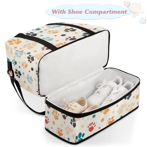 Foldable Travel Duffel Bag, Expandable Weekender Overnight Carry on Bags with Shoe Compartment Sport Tote Gym Luggage for Women Men, Dog Paws4