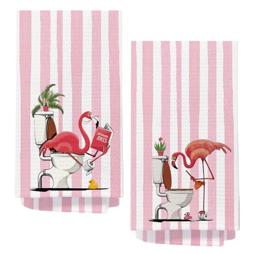 AQYIP Pink Flamingo Gifts Bathroom Hand Towels, Flamingo Bathroom Decor, Girly Pink Striped Funny Tropical Bird Hand Towels for Gym Yoga Bath Room Washroom Decor Drying Towels, 16x24 Inch Set of 2
