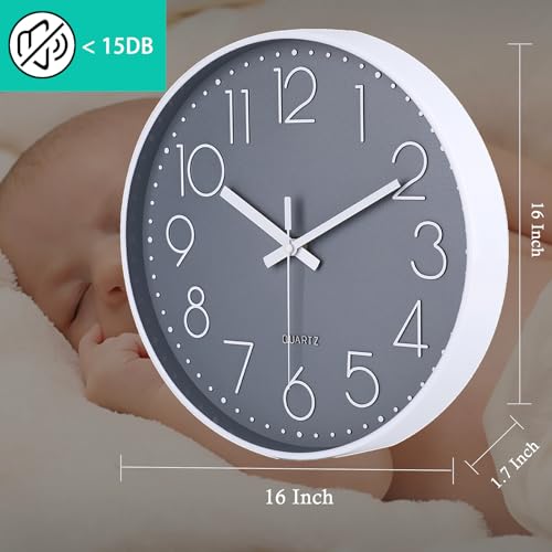 Image of jomparis 16 Inch Gray Large Wall Clock Silent Modern Elegant Decor | Living Room Office Kitchen Dining Room
