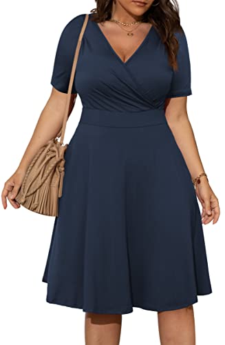 POSESHE Womens Plus Size Dresses Summer Short Sleeve Wrap V-Neck Sundress Casual Wedding Guest Cocktail Dress with Pockets