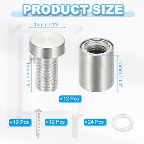 Image of PATIKIL 1 /2 inch x 0.8 inch Standoff Screws, 12 Pack Stainless Steel Wall Mount Sign Standoffs Mounting Hardware Advertising Nail for Hanging Acrylic Picture Frame, Silver