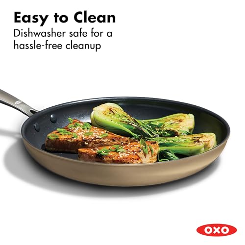 Image of OXO Enhanced 12 inch Nonstick Frying Pan Skillet, Ceramic PFAS-Free Cookware, Stainless Steel Handle, Eggs & Omelets, Dishwasher & Oven Safe, Biscuit Brown