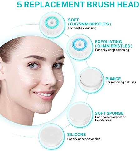 Facial Cleansing Brush IPX7 Waterproof Electric Rechargeable Face Spin Brush for Deep Cleansing, Facial Spin Brush with 5 Brush Head, Gentle Exfoliating, Removing Blackhead, Massage