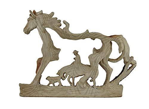 Estatua de madera tallada de caballo y vaquero Zeckos miniatura 3