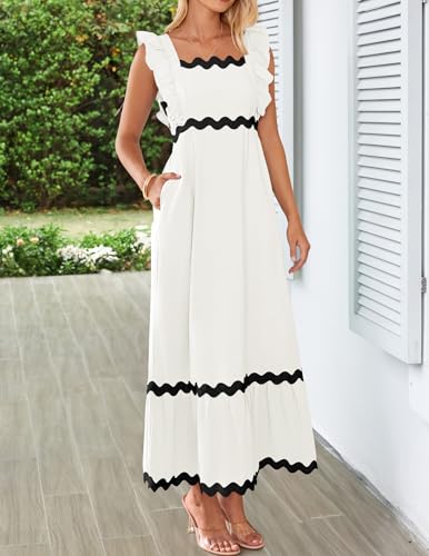 ZESICA Women's Summer Sleeveless Ruffle Dresses Square Neck Backless Boho Flowy Maxi Sundress with Pockets3