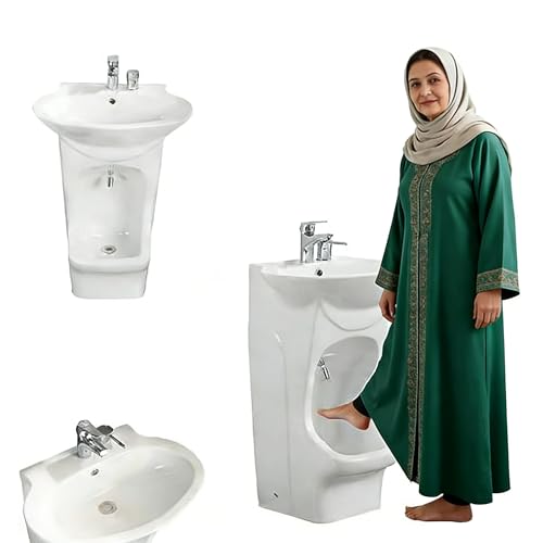 30×50×82CM,AVSMGP Vertical Ceramic Wash Basin, 2 in 1 Muslim Freestanding Wudu Sink- with Dual-Stage Faucet & Foot Bath for Home, Mosque, Bathroom,Hand Washing, Face Washing, Foot Washing ﻿
