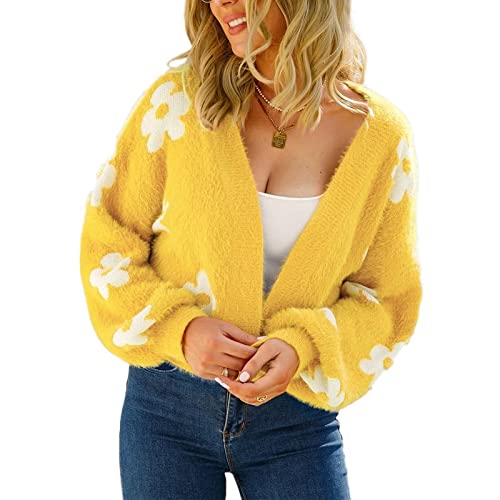Yuakou Women's Flower Long Sleeve Open Front Short Cardigan Casual Loose V Neck Down Knit Cardigan Sweaters Outwear #TOP2