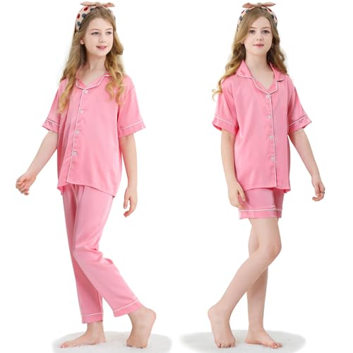 Girls Silk Pajamas Set,Girl Satin Pajamas 3 Piece Button-up Nightwear Loungewear，Girls PJS Clothes for 4T-15Years2