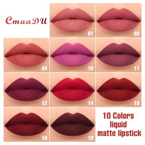 Image of evpct 10Pcs Liquid Matte Matt Lipstick Set for Black Women, Dark Deep Bright Ruby Sexy Brick Mauve Plum Red Violet Purple Matte Lipstick Long Lasting Lipstick 24 hour Waterproof Lip Gloss