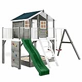 Stelzenhaus Tobi 819 - extra stabil und extra hoch - das Spielhaus mit Dachpappe, Podesthöhe 150 cm, Kletterwand, Sandkasten, Farbe für den Anstrich und Rutsche moosgrün