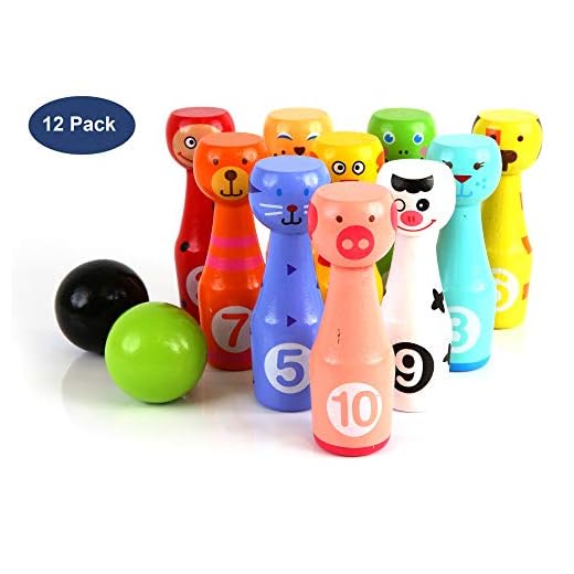 Neato Tek Cute Indoor Outdoor Kids Bowling Friends Play Set Animal Bowling Game Set for Children with 10 Wooden Pins and Two Balls (4.8 inch)