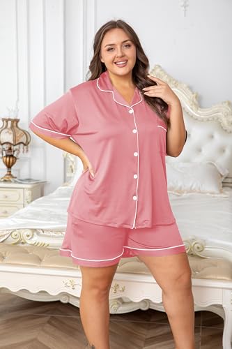 Image of Vozanet Women's Plus Size Button Down Pajamas Soft Lounge Sets Shorts with Pockets Bride Nighty Solid Soft Pjs 1x to 5x