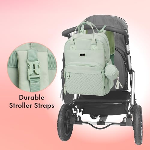 Image of Dikaslon Diaper Bag Backpack with Portable Changing Pad, Pacifier Case and Stroller Straps, Large Unisex Baby Bags for Boys Girls, Multipurpose Travel Back Pack for Moms Dads, Mint Green