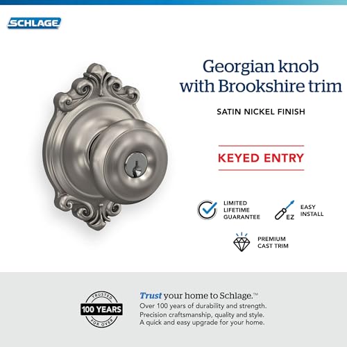 Image of SCHLAGE F51A GEO 619 BRK Georgian Knob with Brookshire Trim Keyed Entry Lock, Satin Nickel
