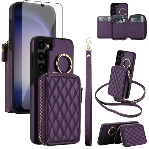 Phone Case for Samsung Galaxy S23 Plus S23+ 5G Wallet Cell Cover RFID Blocking with Screen Protector Wrist Crossbody Strap Zipper Ring Buckle Card Holder Slots S23plus SM-S916U Women Girls Dark Purple