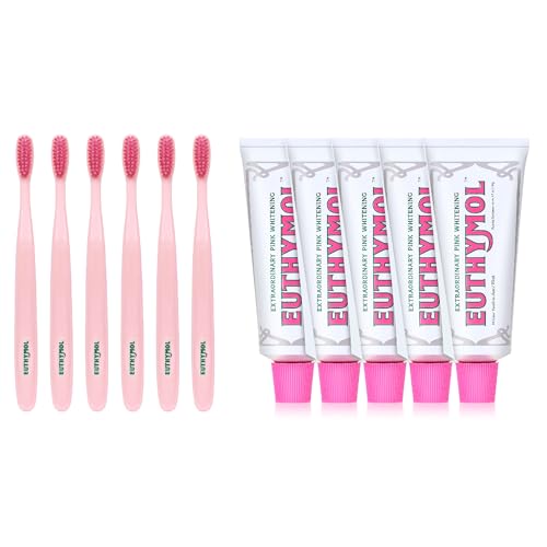 EUTHYMOL Whitening Toothpaste Pack of 5 and Whitening Toothbrush(Pink) Pack of 6 Stain Removal in 2 Weeks, Long-Lasting Freshness for Sensitive Gum & Teeth.Premium Soft Dual-Tension Bristles.