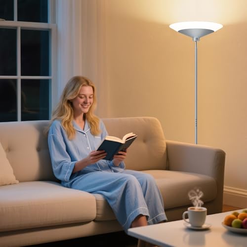 Image of SIBRILLE Silver Torchiere Floor Lamp - 30W Dimmable LED Standing Lamp with Remote /Button Control, 1800Lm, 3000-6500K, 72in Bright Standing Pole Light for Living Room Bedroom Office Corner