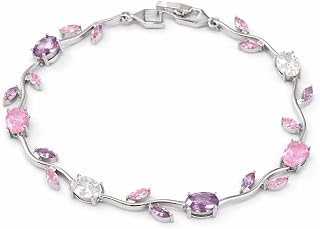 Korean Anti Tarnish Tulip Bracelet for Women | Pink, Purple & White Stone Floral Design | Silver Tone Trendy Bracelet Price In India